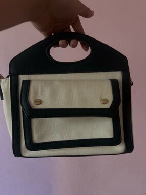 Women's Navy Blue & Cream Structured Top-Handle Bag with straps